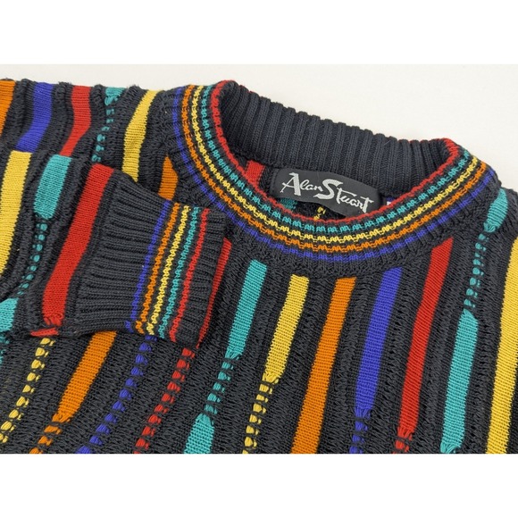 90s Cable Knit Sweater Mens LG Muticolor Cooj Style Grandpacore Alan Stuart Crew - Picture 3 of 10